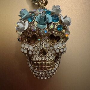 Betsey Johnson blue and white floral skull necklace